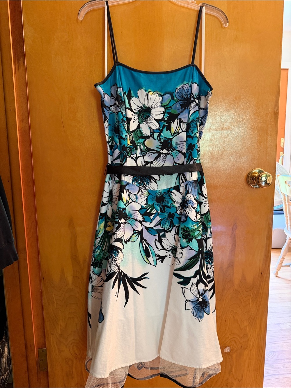 Dress Barn Teal, White & Black Floral Spaghetti-Strap Dress